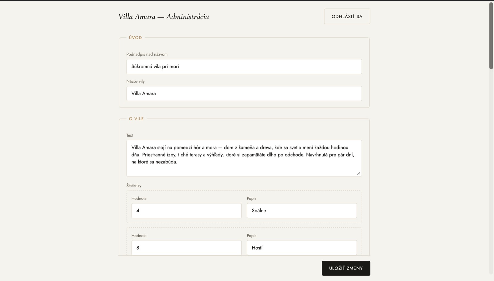 Formulár na úpravu textov o vile v administrácii
